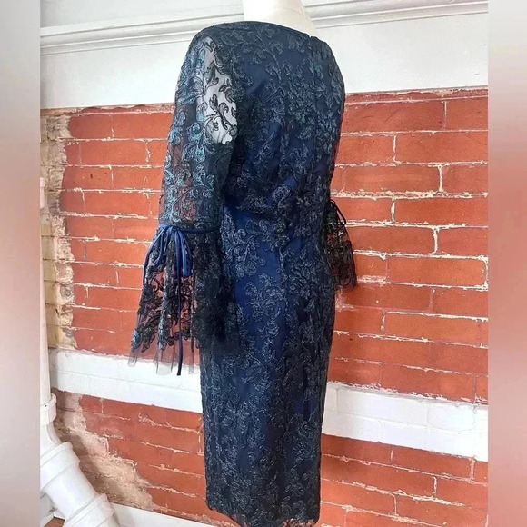 Theia Blue Party Dresss with Metallic Embroidered Black Net Overlay Bell Sleeve - Picture 3 of 13